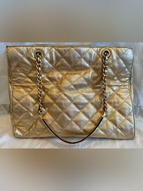 Michael Kors Gold Quilted Tote Large Chain Strap Shoulder Bag Metallic